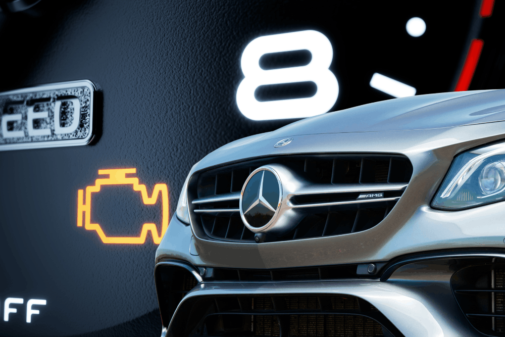 Check engine light, auto repair in Amarillo, TX, at Panhandle Eurotech Automotive. Image of a Mercedes-Benz with a check engine light warning, highlighting expert diagnostics and repairs that restore reliable performance and help prevent costly engine damage.